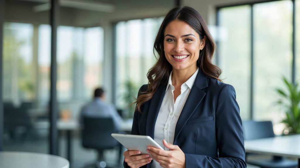 Preferred Insurance - happy business owner with employees in background has found the secret to balance cost and coverage in group health insurance