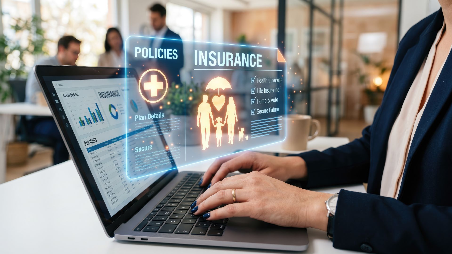 Preferred Insurance - a broker sits at his computer pricing health plans and helping small business owner balance cost and coverage in group health insurance