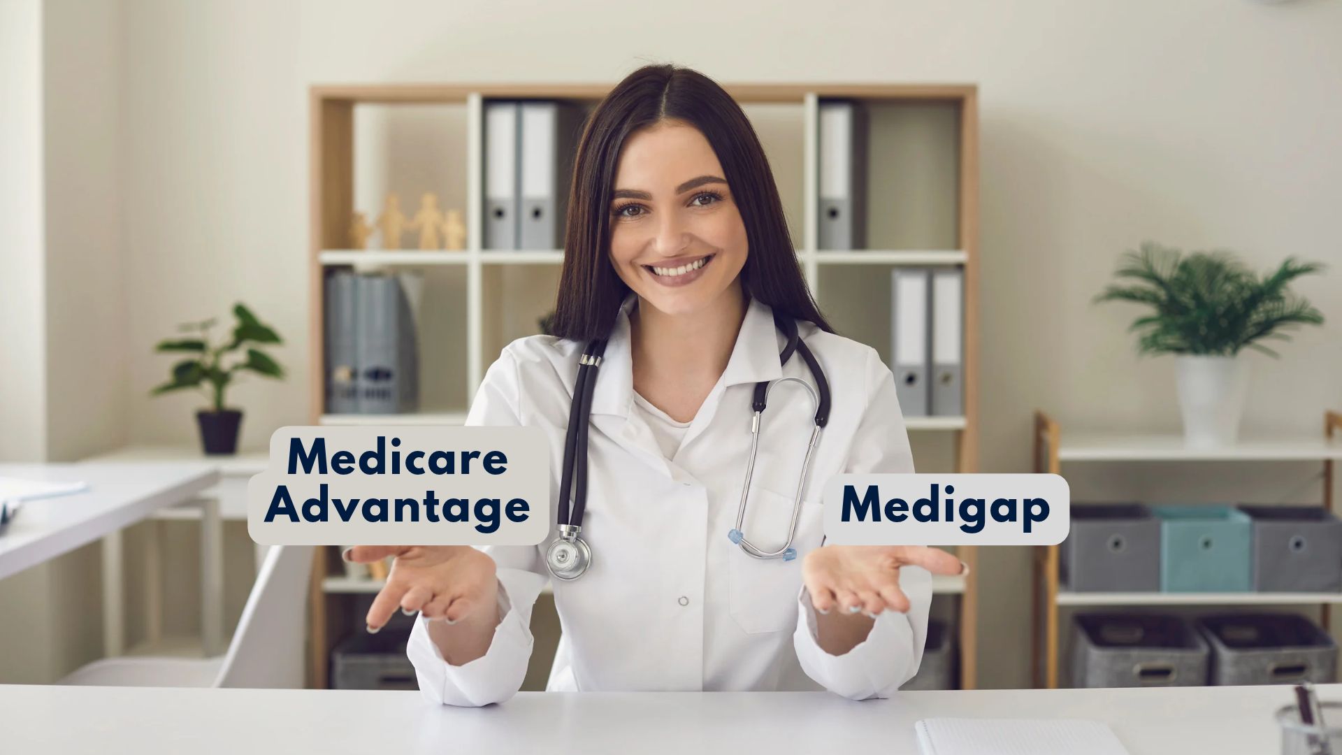 Preferred Insurance Colorado - Medicare - Medicare Advantage vs Medigap - woman doctor holding up options of two plans